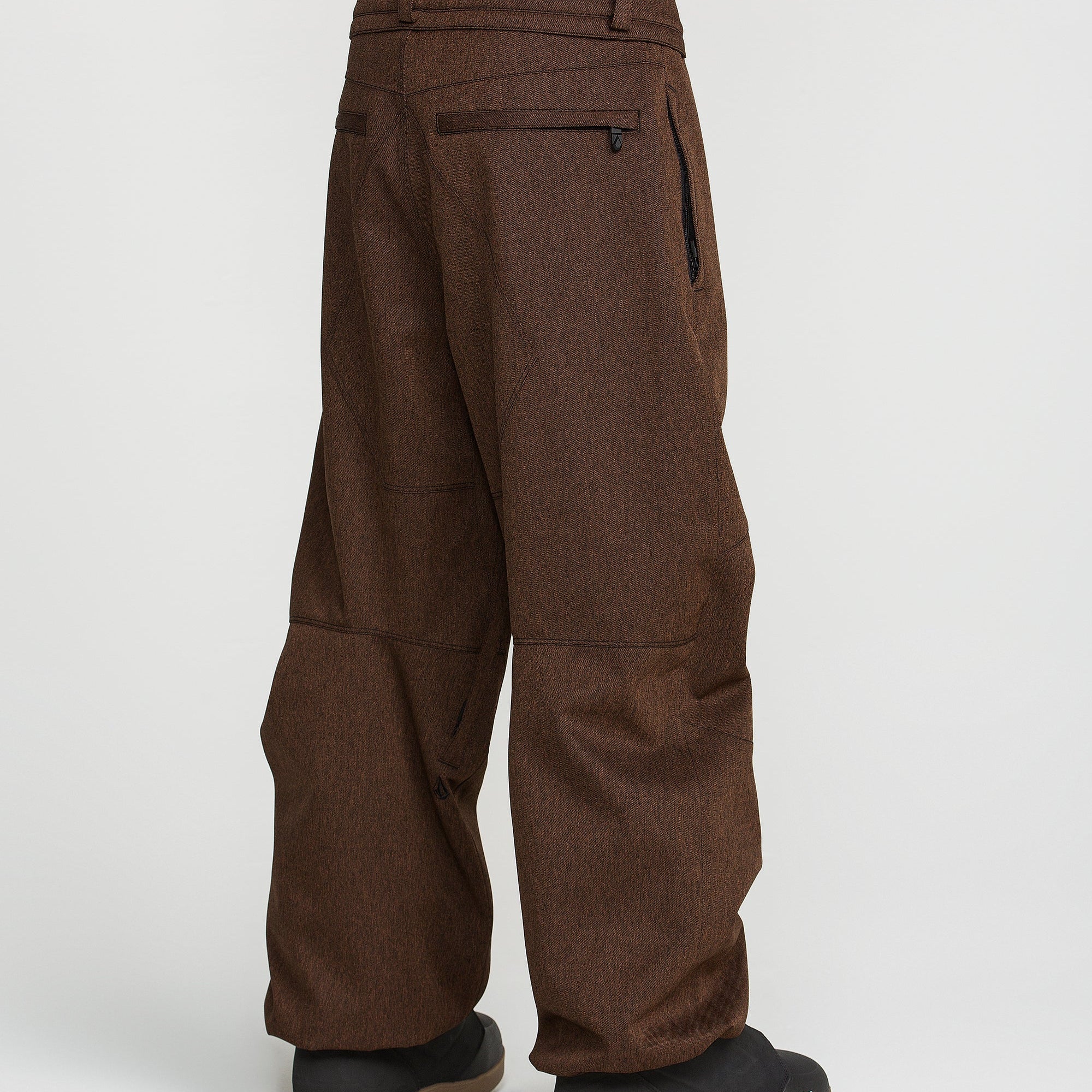 Brown snow pants back view with belt loops and rear pocket tabs