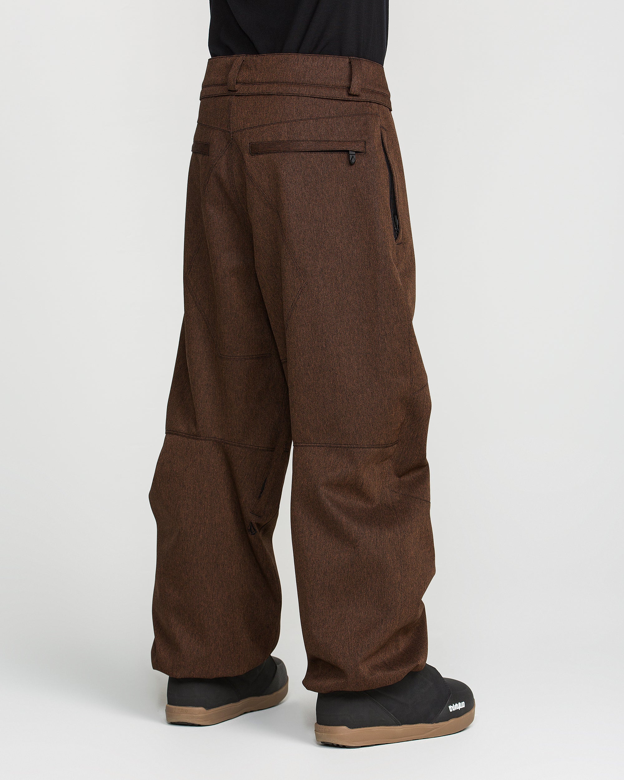 Brown snow pants back view with belt loops and rear pocket tabs
