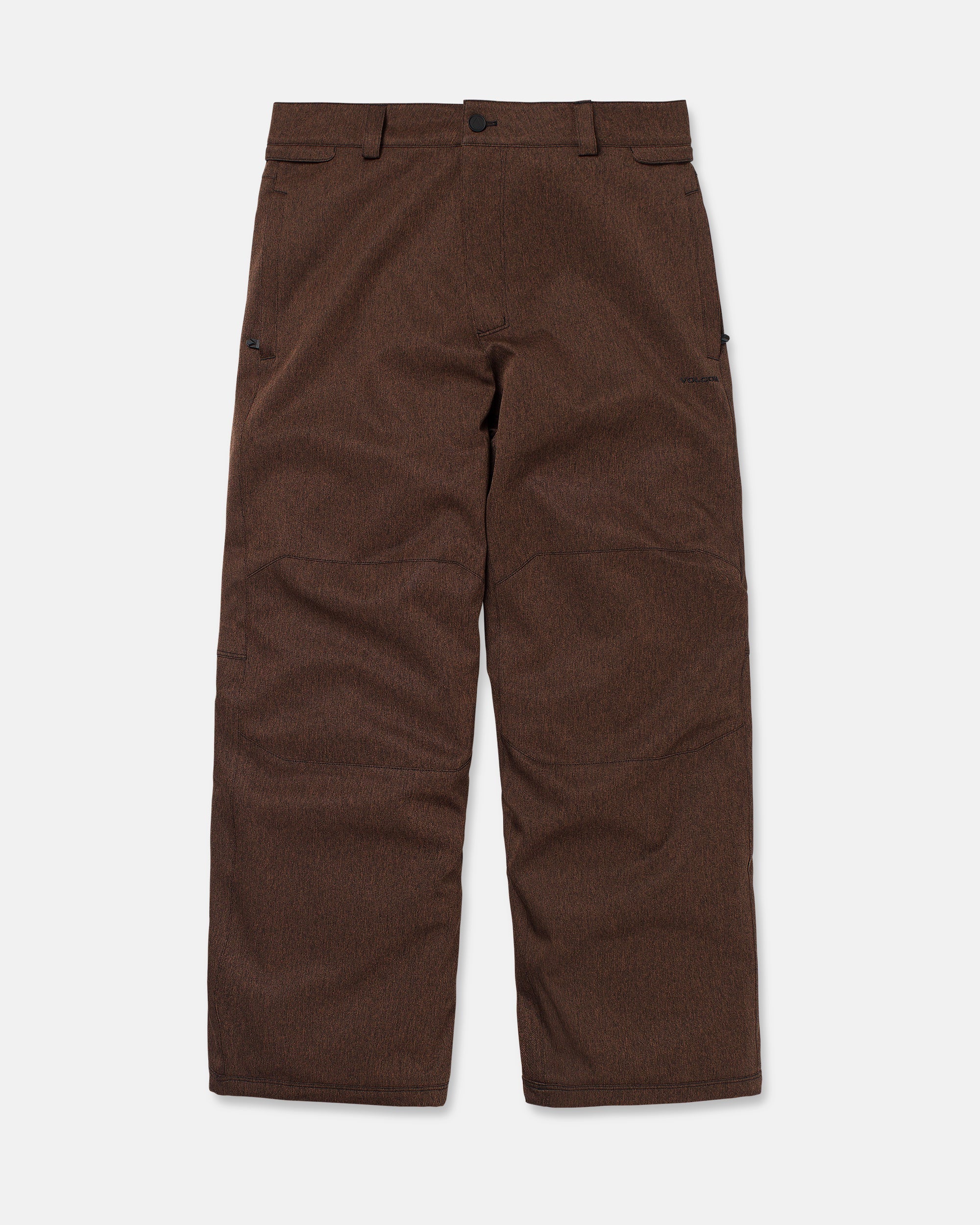 Brown snow pants with button waist and side pockets