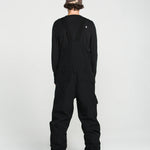 Black bib overall back view with bib seam details and leg cargo pocket panels