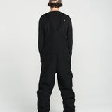 Black bib overall back view with bib seam details and leg cargo pocket panels