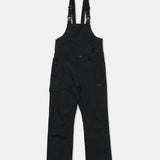 Black bib overall with chest bib, utility pockets, and adjustable side straps