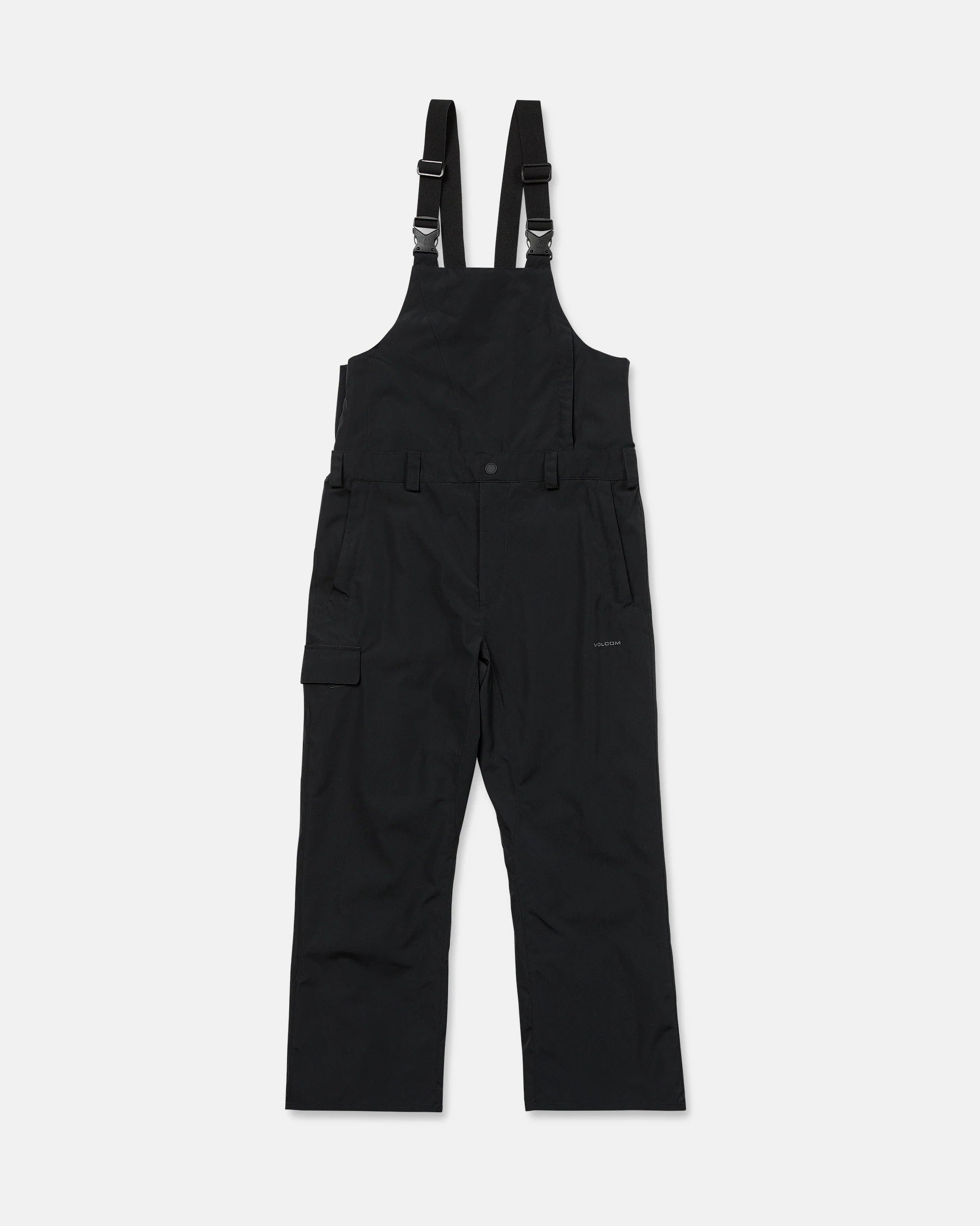 Black bib overall with chest bib, utility pockets, and adjustable side straps