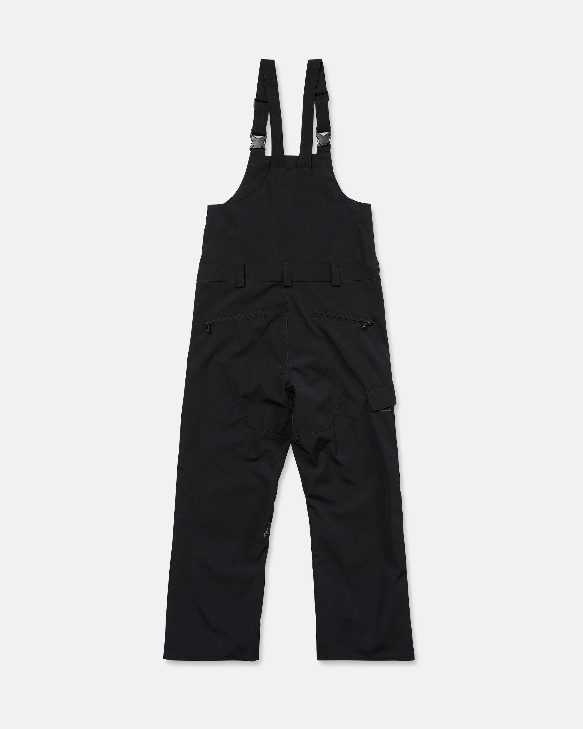 Black bib overall with adjustable shoulder straps and front pocket detailing