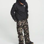 Camouflage bib overalls with black back-facing hood and full-length pant legs
