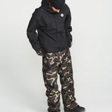 Camouflage bib overalls with black back-facing hood and full-length pant legs