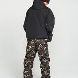 Camouflage bib overalls shown from back with black hooded jacket and boots