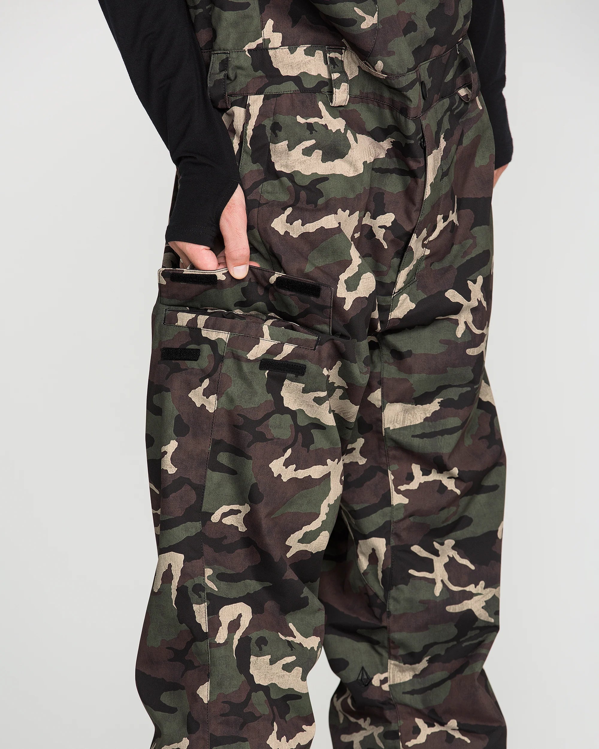 Camo bib overalls with front pocket detail and adjustable waistband straps