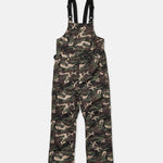 Camo dungaree bib overalls with adjustable black straps and wide leg