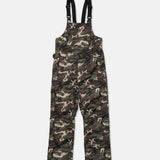 Camo dungaree bib overalls with adjustable black straps and wide leg