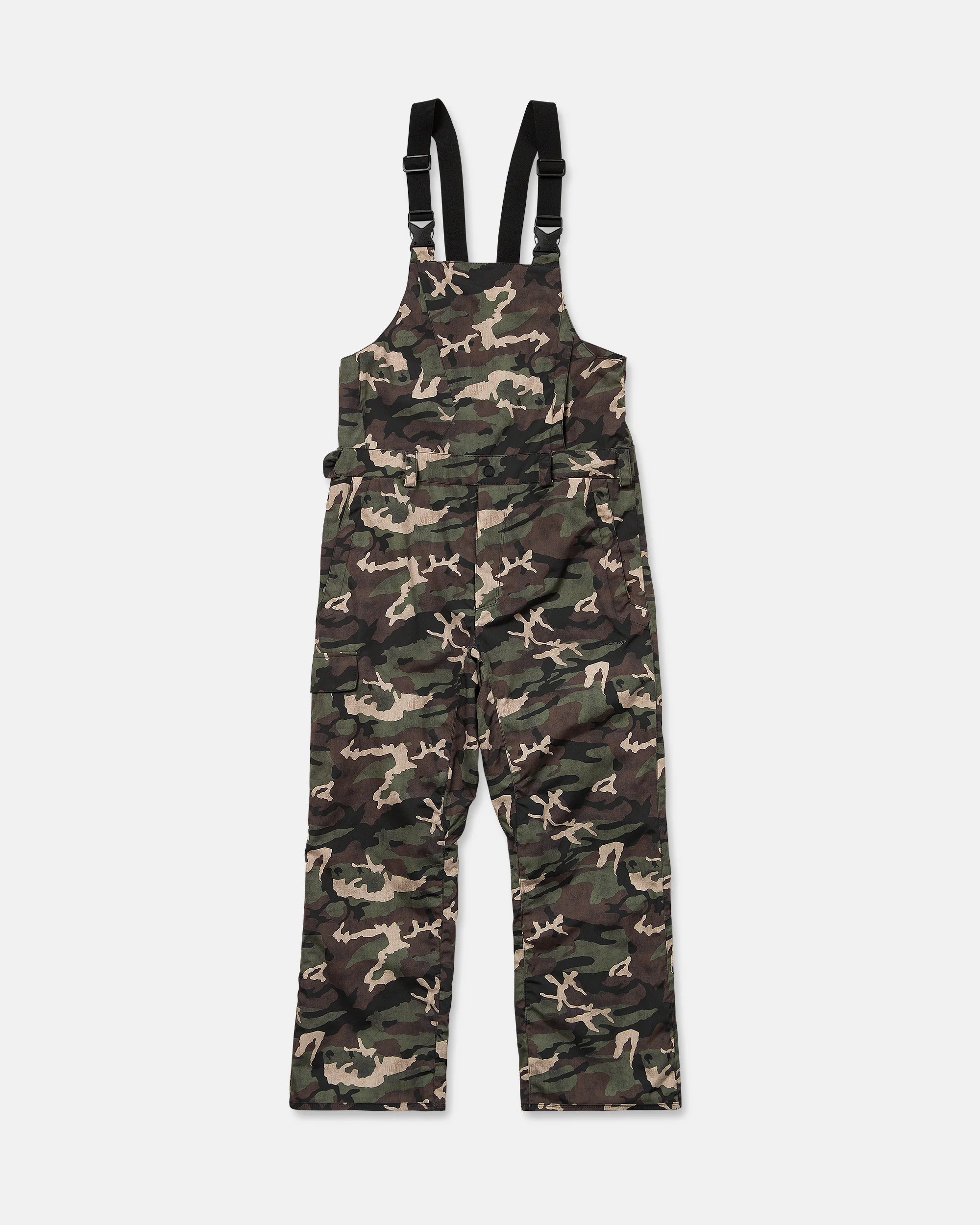 Camo dungaree bib overalls with adjustable black straps and wide leg
