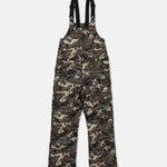 Camo bib overall pants with black shoulder straps and front bib pocket