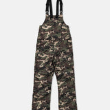 Camo bib overall pants with black shoulder straps and front bib pocket