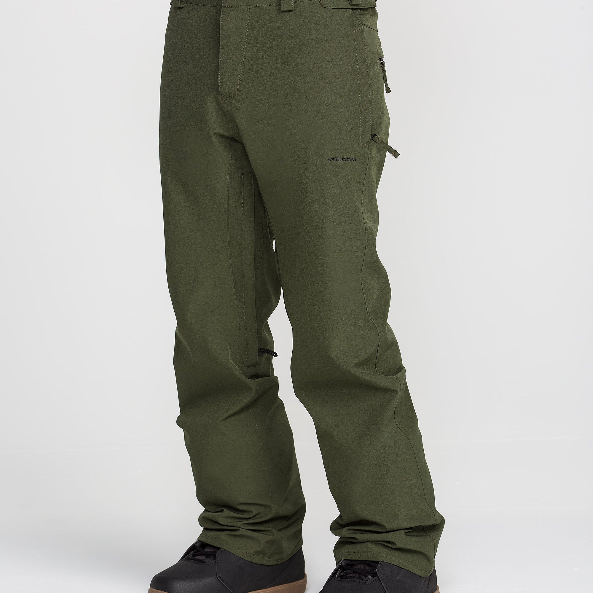 Olive-green snow chino pants with back welt pockets and ankle cuffs