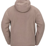 Volcom Men's Untethered Balaclava Hoodie - A tan fleece hoodie with a hood and balaclava-style face covering, featuring a zippered front and two side pockets.