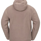 Volcom Men's Untethered Balaclava Hoodie - A tan fleece hoodie with a hood and balaclava-style face covering, featuring a zippered front and two side pockets.