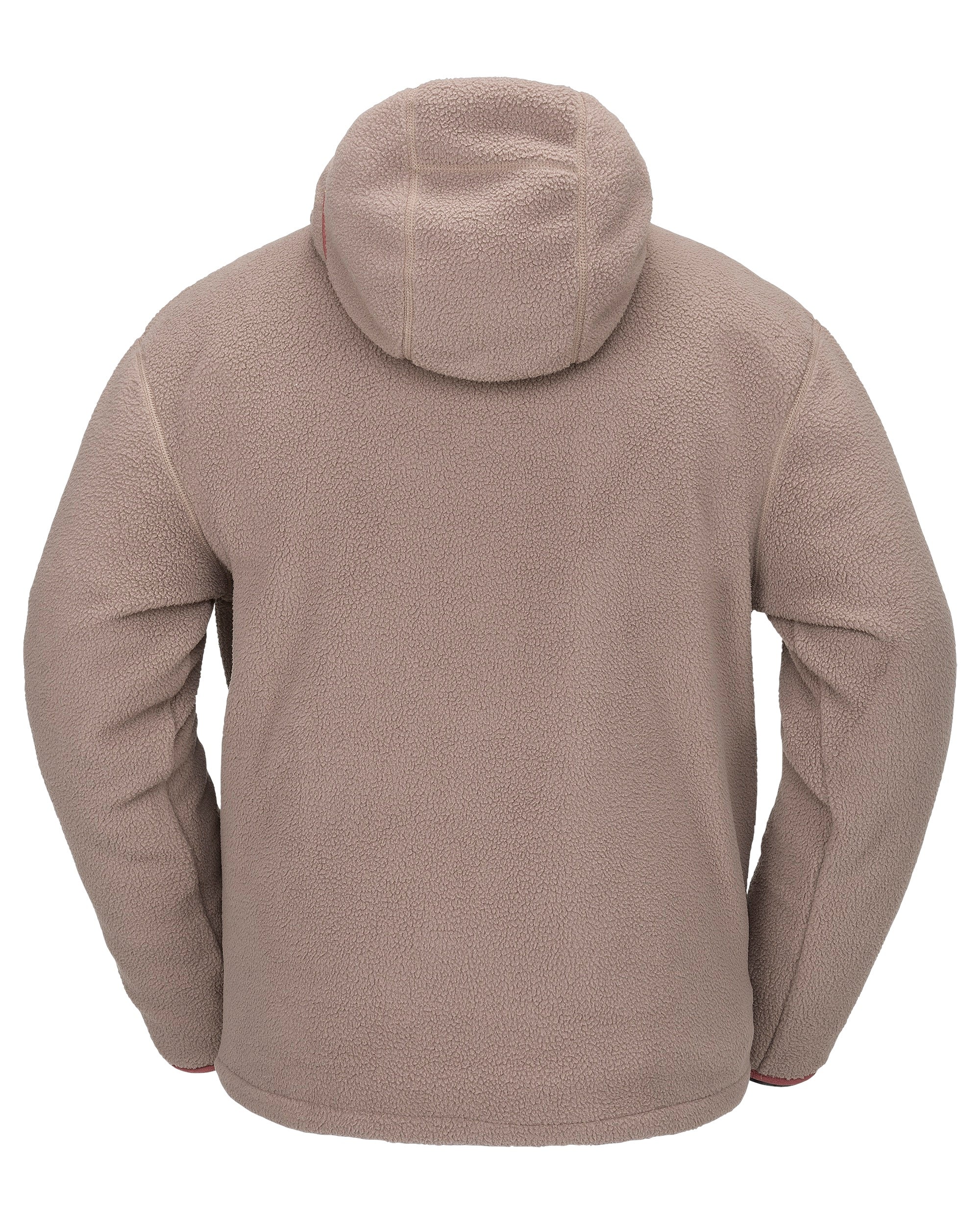 Volcom Men's Untethered Balaclava Hoodie - A tan fleece hoodie with a hood and balaclava-style face covering, featuring a zippered front and two side pockets.