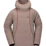 Volcom Men's Untethered Balaclava Hoodie - A tan fleece hoodie with a hood and balaclava face mask, featuring red trim around the hood opening.