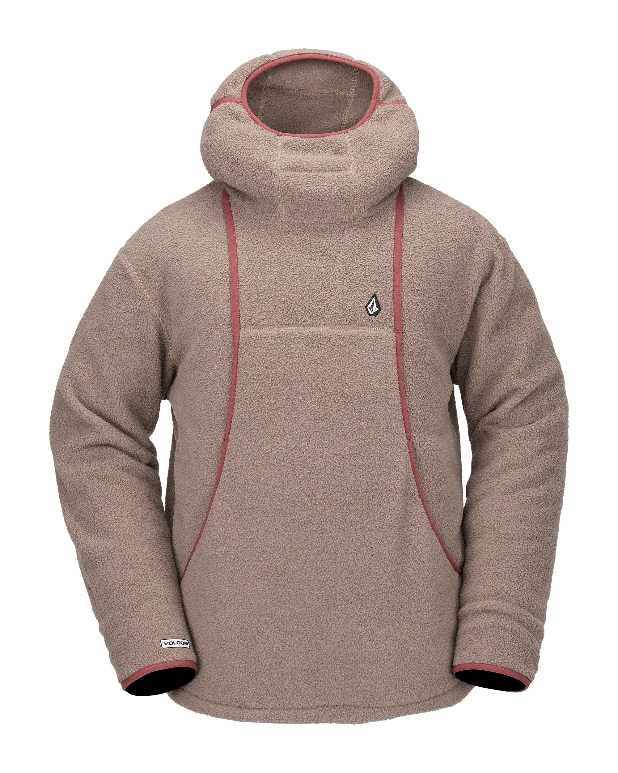 Volcom Men's Untethered Balaclava Hoodie - A tan fleece hoodie with a hood and balaclava face mask, featuring red trim around the hood opening.