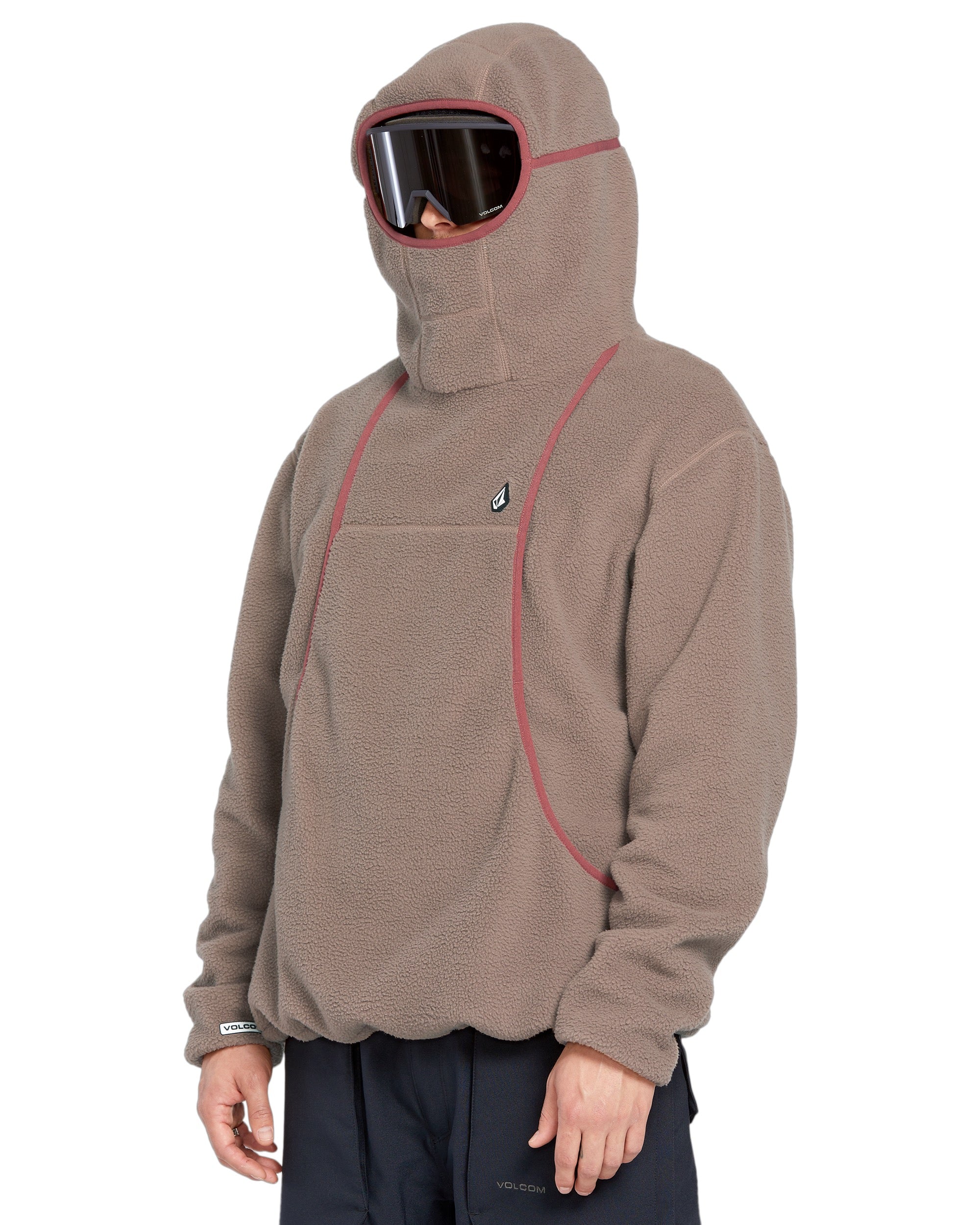 Volcom Men's Untethered Balaclava Hoodie - A tan fleece hoodie with a hood and balaclava covering the face, featuring a small black logo on the chest.