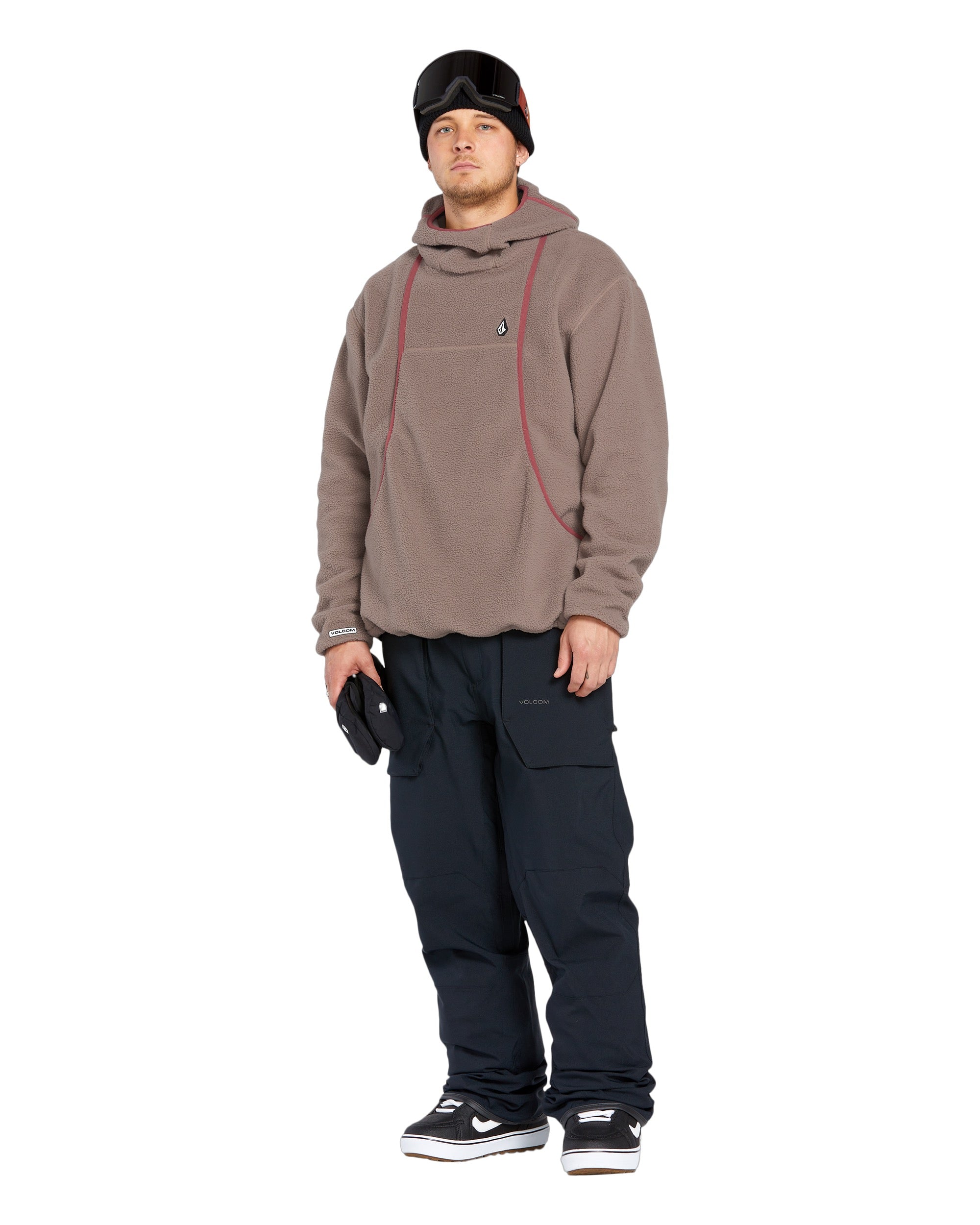 Volcom Men's Untethered Balaclava Hoodie - A tan fleece hoodie with a hood and balaclava-style face covering, featuring a small black logo on the chest.