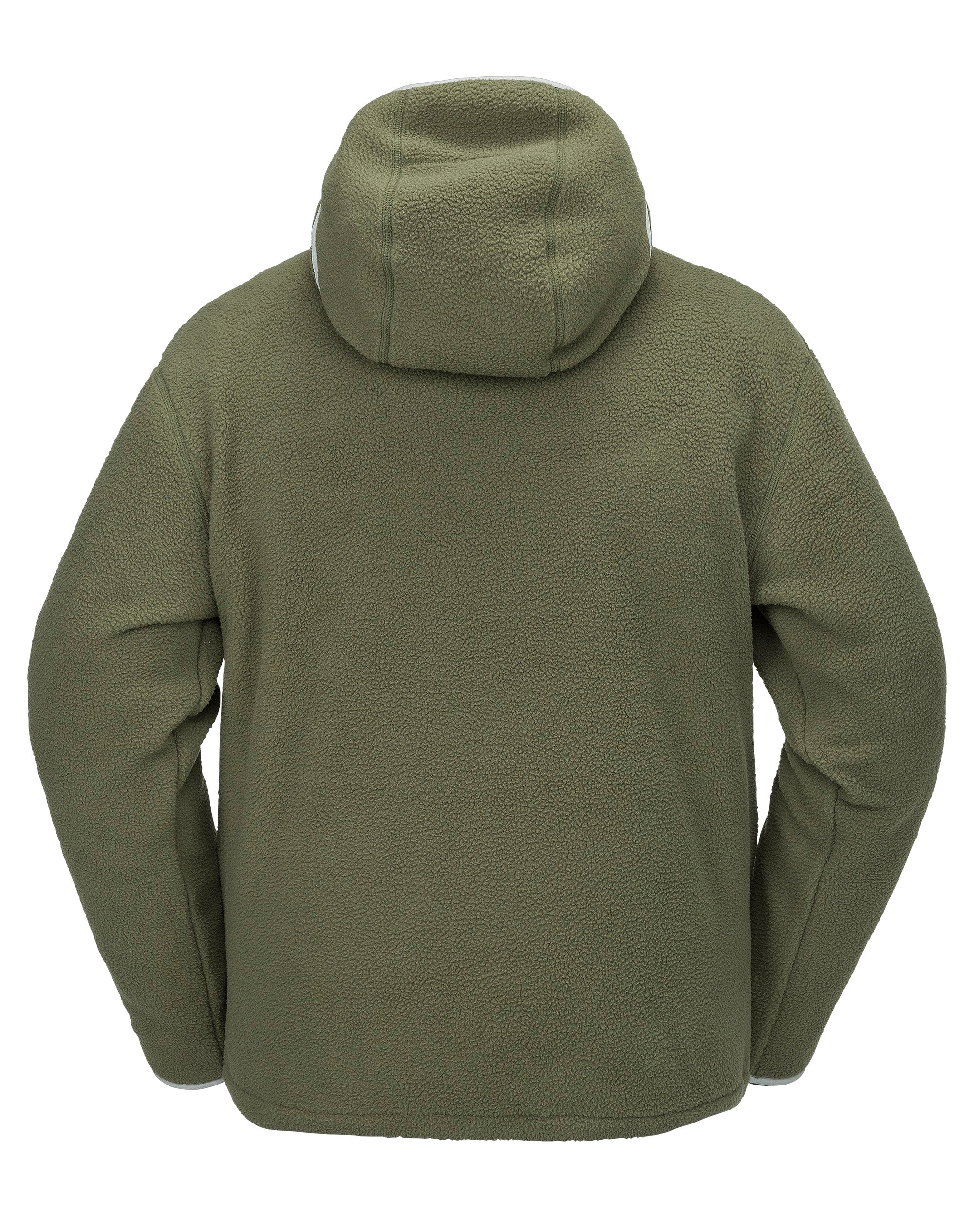 Volcom Men's Untethered Balaclava Hoodie - A dark green fleece hoodie with a hood and balaclava face mask, featuring a zipper closure on the front.