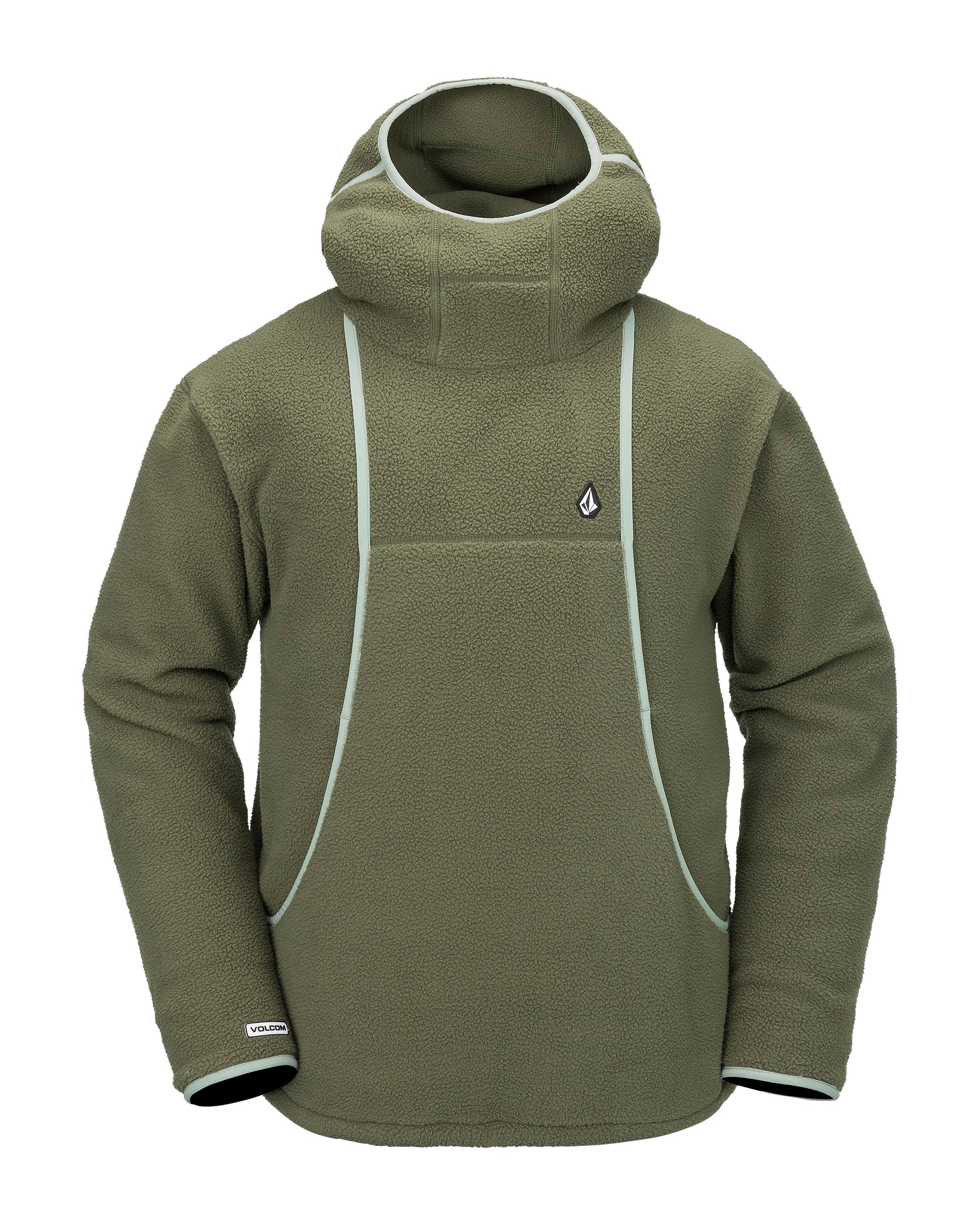 Volcom Men's Untethered Balaclava Hoodie - A dark green fleece hoodie with a hood and balaclava-style face covering, featuring a small white logo on the chest.