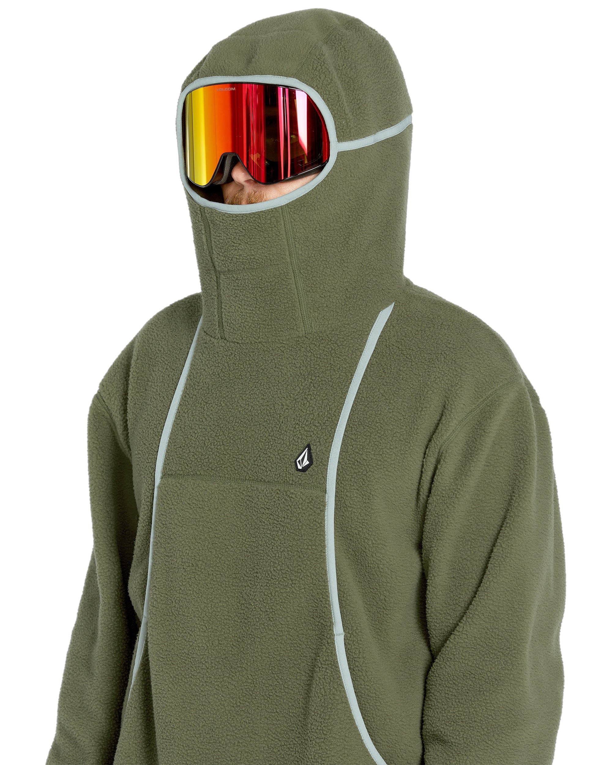 Volcom Men's Untethered Balaclava Hoodie - A dark green fleece hoodie with a hood and balaclava covering the face, featuring a small black logo on the chest.