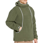 Volcom Men's Untethered Balaclava Hoodie - A dark green fleece hoodie with a hood and balaclava-style face covering, featuring white trim on the hood and cuffs.