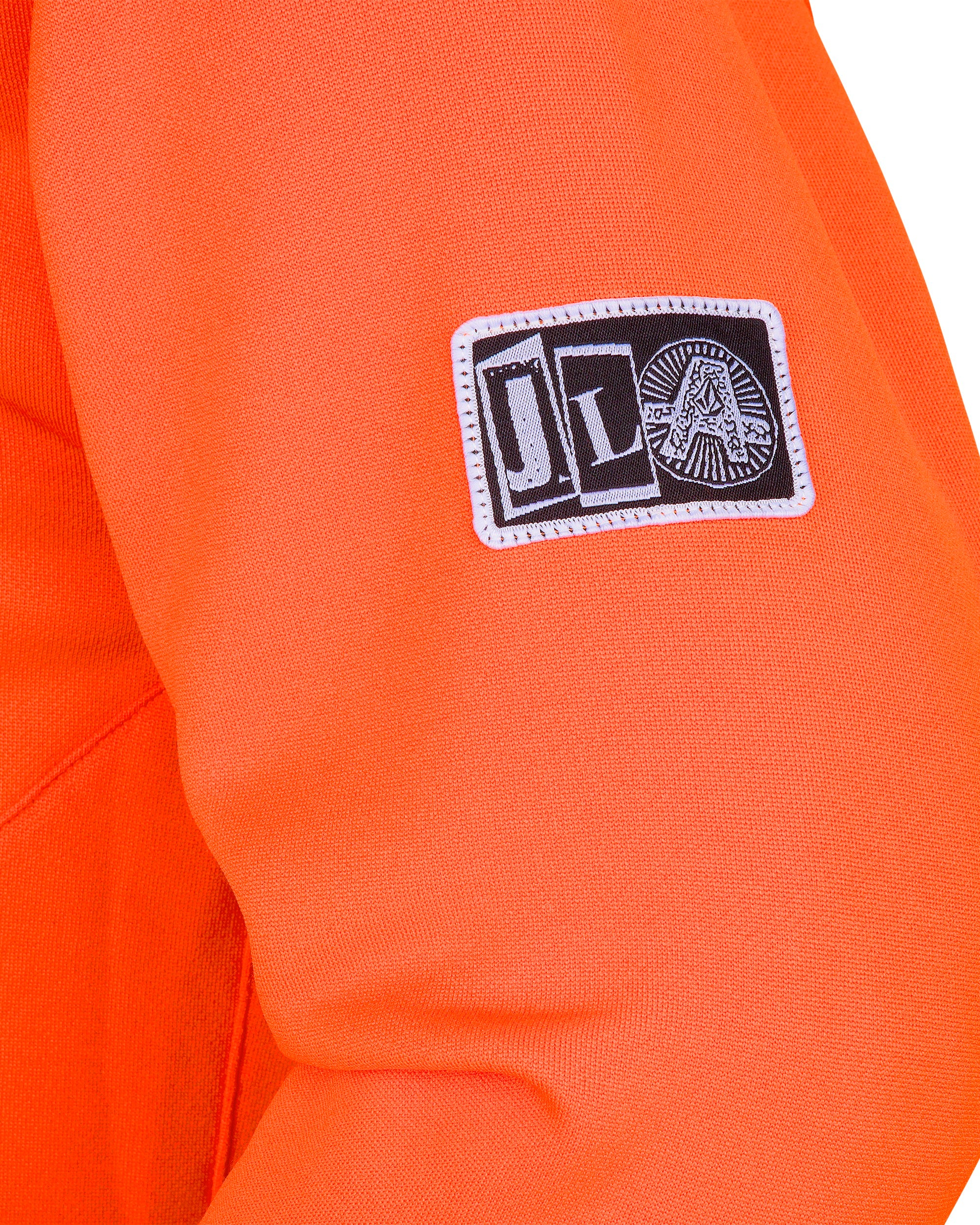 Volcom Men's Hydro Riding Hoodie 2025 - A bright orange hoodie with a white logo on the chest and a small tag near the bottom hem.