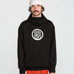 Black pullover hoodie with circular chest logo and front kangaroo pocket