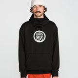 Black pullover hoodie with circular chest logo and front kangaroo pocket