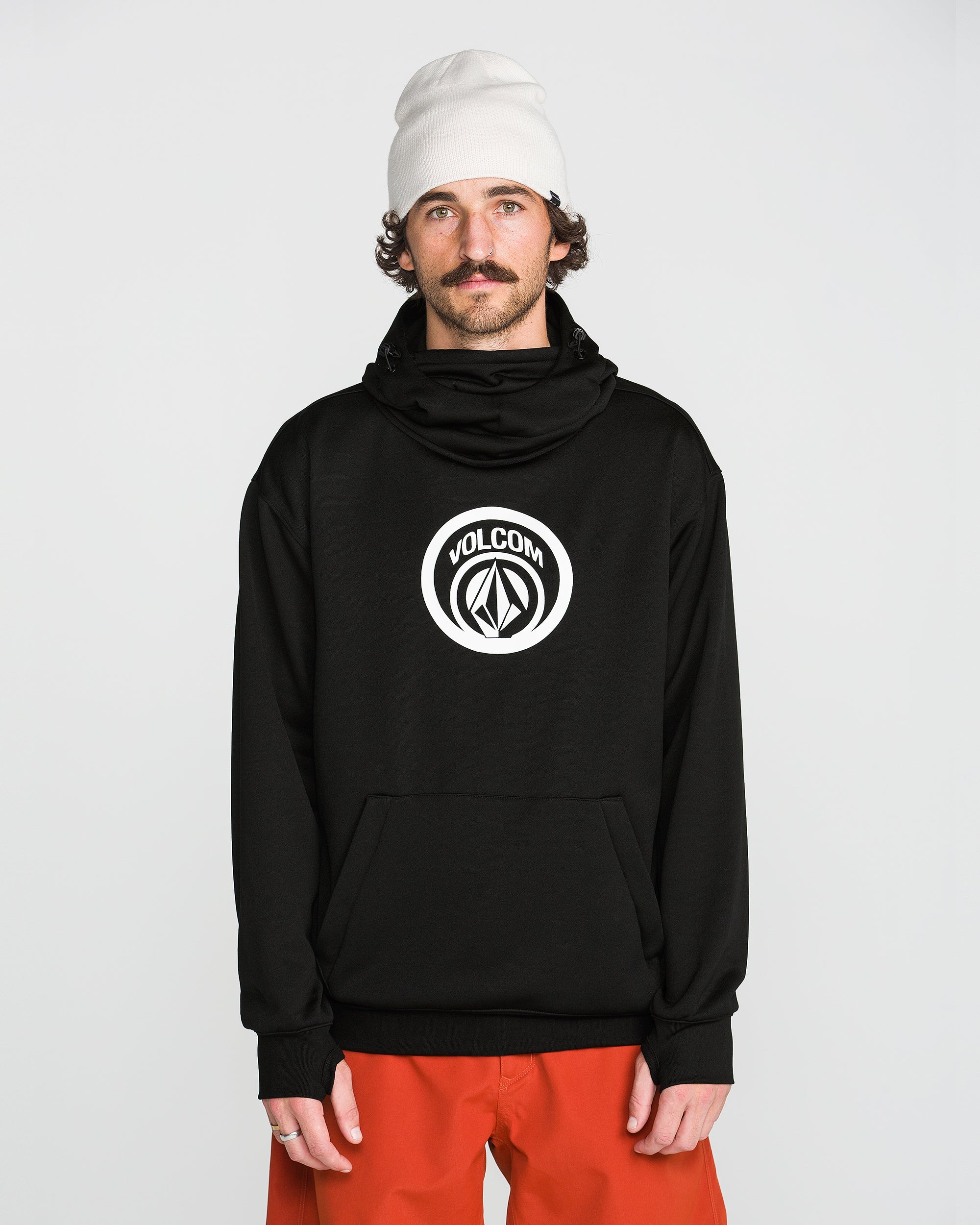 Black pullover hoodie with circular chest logo and front kangaroo pocket