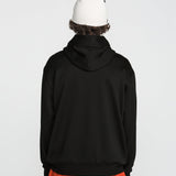 Black pullover hoodie with raised hood, no front graphic, back view