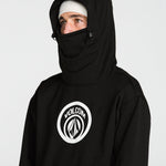 Black pullover hoodie with raised hood and face-covering panel, front chest logo