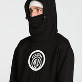 Black pullover hoodie with raised hood and face-covering panel, front chest logo