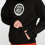Black pullover hoodie with circular chest logo and kangaroo pocket opening