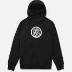 Black pullover hoodie with circular chest logo and kangaroo pocket