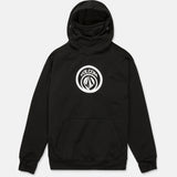 Black pullover hoodie with circular chest logo and kangaroo pocket