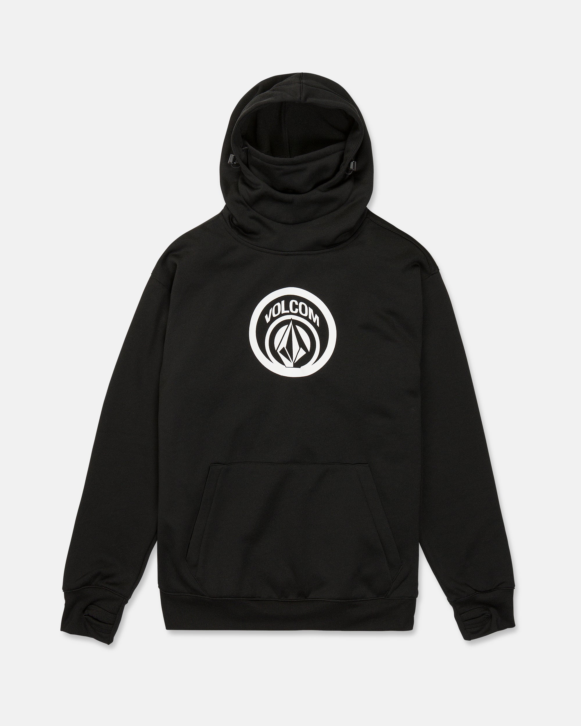 Black pullover hoodie with circular chest logo and kangaroo pocket