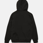 Black pullover riding hoodie with kangaroo pocket and plain back