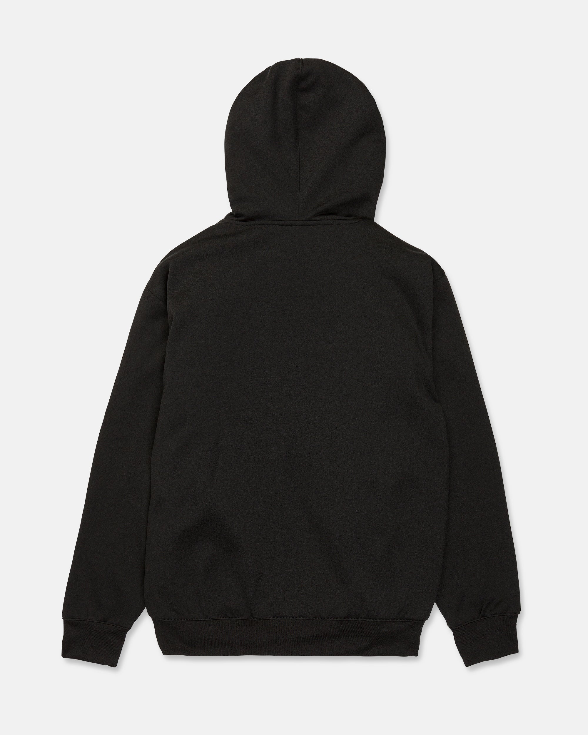 Black pullover riding hoodie with kangaroo pocket and plain back