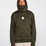 Dark green pullover riding hoodie with hood, kangaroo pocket, and small chest logo