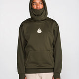 Dark green pullover riding hoodie with hood, kangaroo pocket, and small chest logo