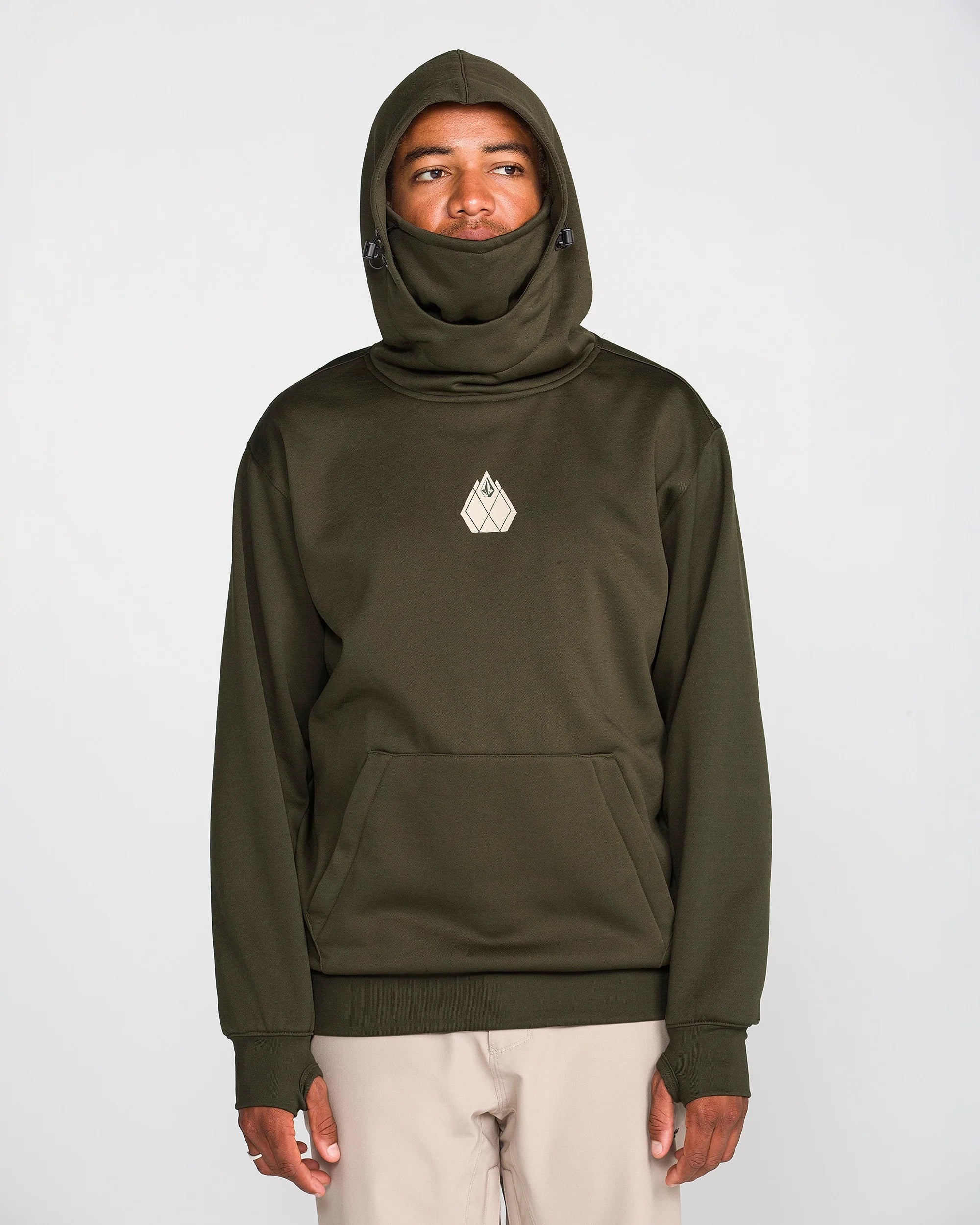 Dark green pullover riding hoodie with hood, kangaroo pocket, and small chest logo