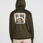 Dark green pullover hoodie with back oval VOLCOM patch and EST 1992 text
