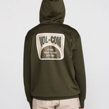 Dark green pullover hoodie with back oval VOLCOM patch and EST 1992 text