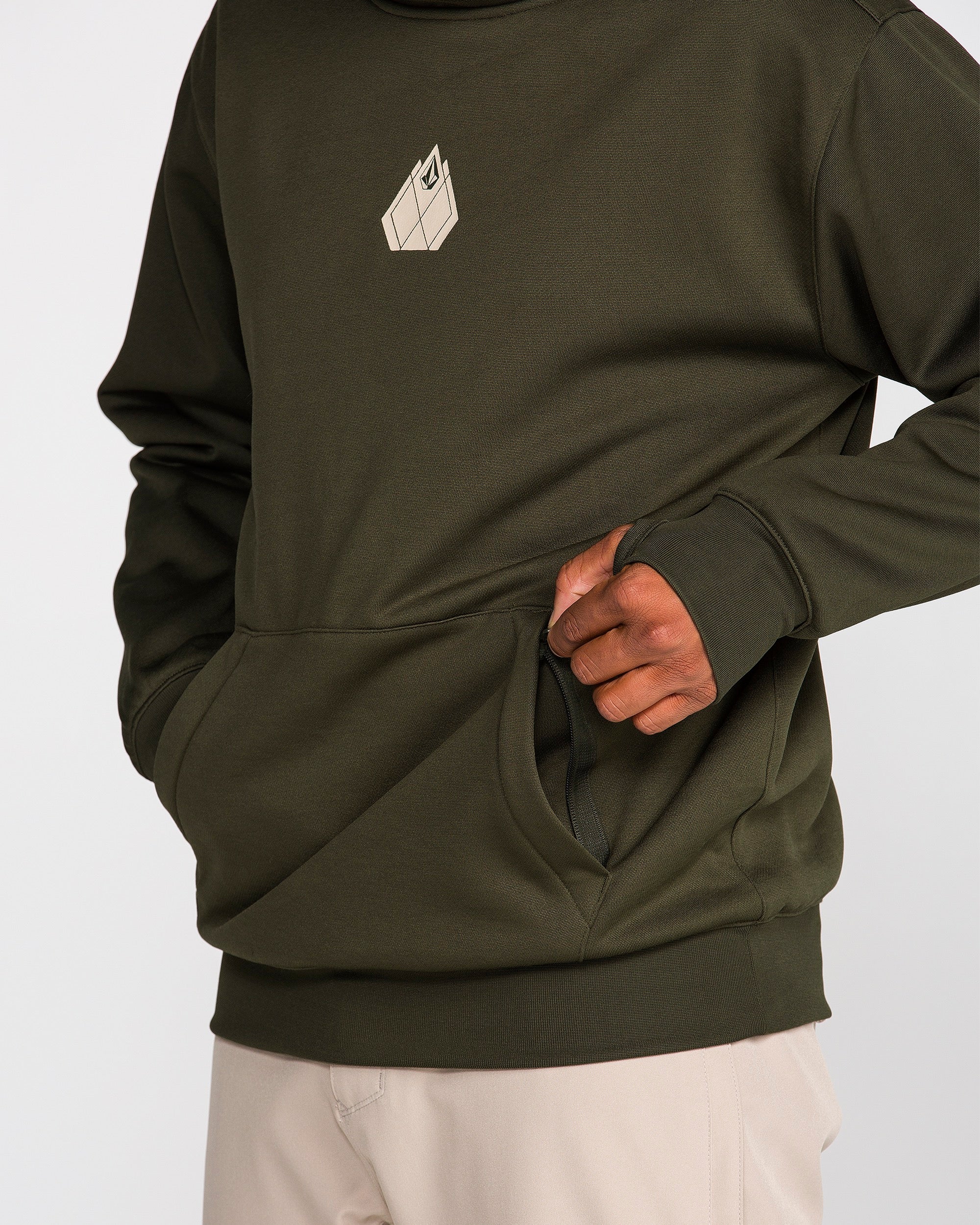 Dark green pullover hoodie with small chest diamond logo and kangaroo pocket
