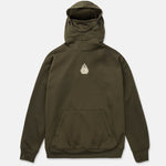 Dark green pullover hoodie with raised hood and small chest diamond logo