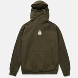 Dark green pullover hoodie with raised hood and small chest diamond logo